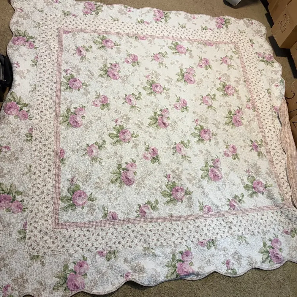 Laura Ashley Twin Floral White Pink Cottage Reversible Quilted Blanket Sham Set